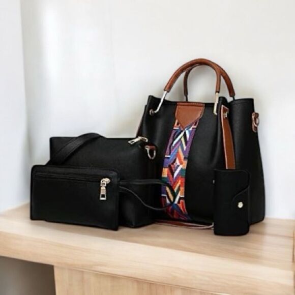 GRACE FASHION Women’s 4 in 1 PU Leather Handbag in Black Multi - Picture 2 of 12